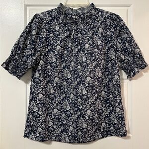 J. Crew Navy and White Floral Smocked Neck Blouse